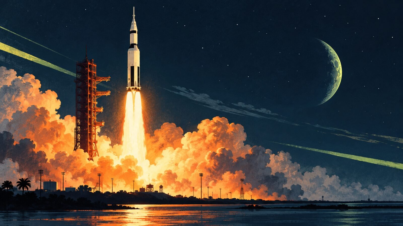 Apollo 7'yi taşıyan Saturn IB roketinin Cape Kennedy'den havalanışını gösteren editoryal illüstrasyon.