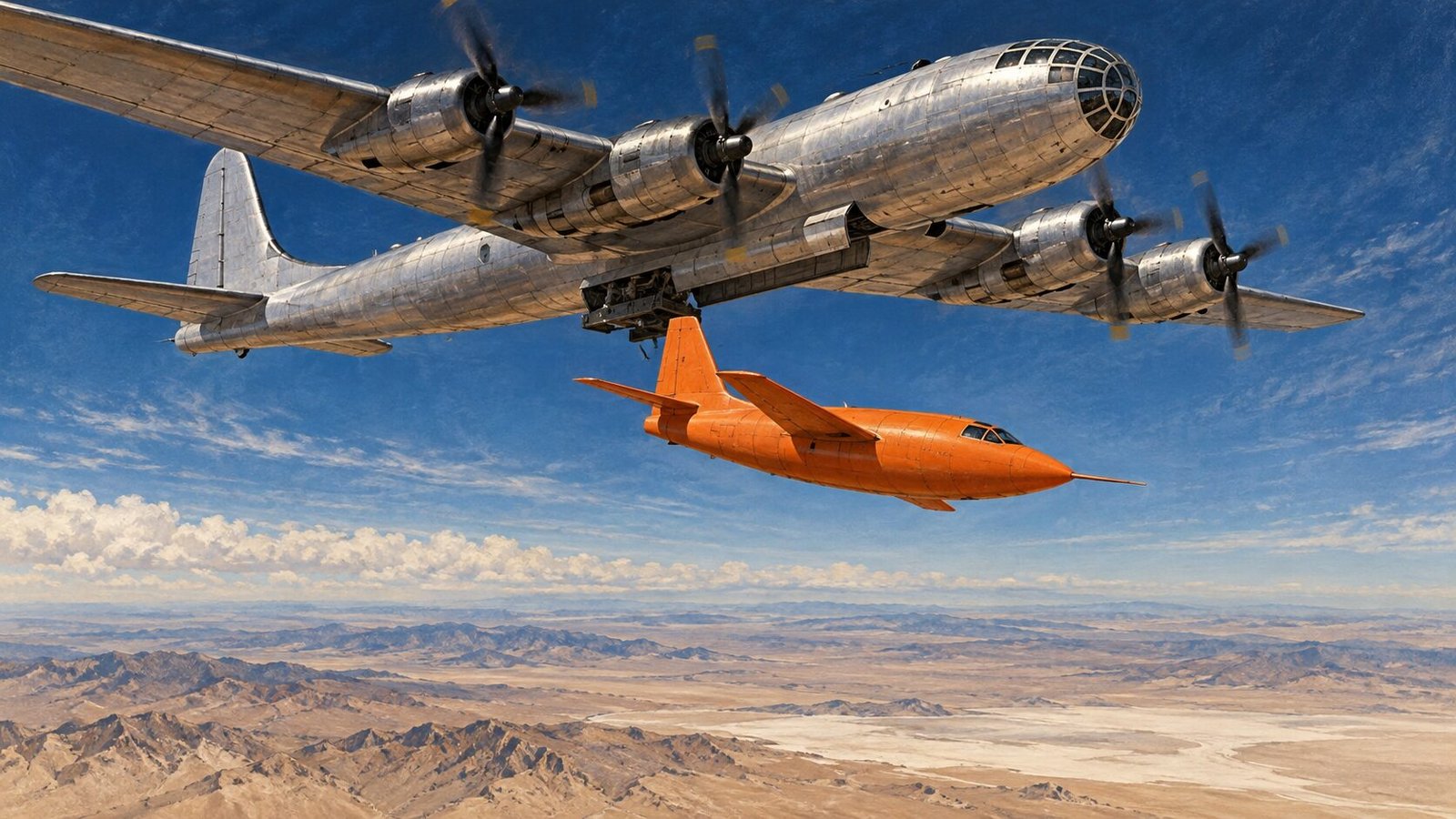 B-29 uçağının altından bırakılan turuncu Bell X-1 deney uçağını gösteren editoryal illüstrasyon; 14 Ekim 1947 uçuşu.